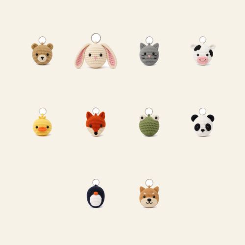 All 10 mini animal crochet bag charms in the set, shown together
