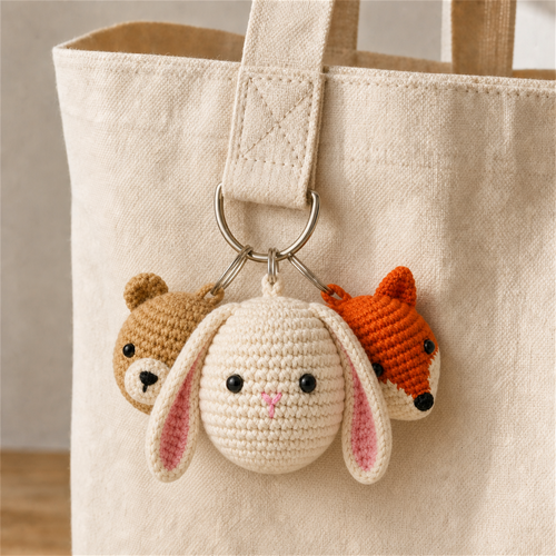 Three mini animal crochet charms clipped to a canvas tote bag strap