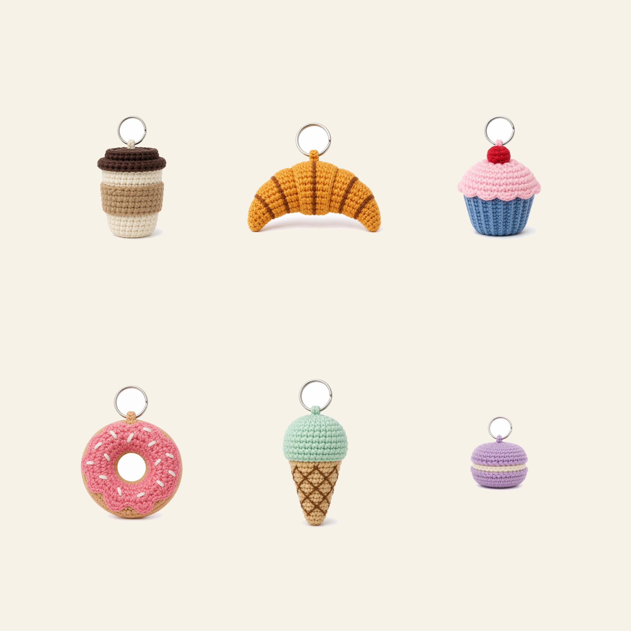 All 6 cafe treat crochet bag charms in the set, shown together