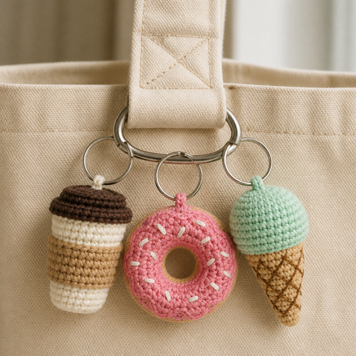 Three cafe treat crochet charms clipped to a canvas tote bag strap