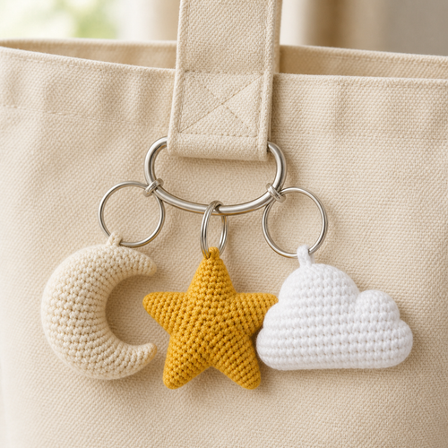 Three sky and star crochet charms clipped to a canvas tote bag strap